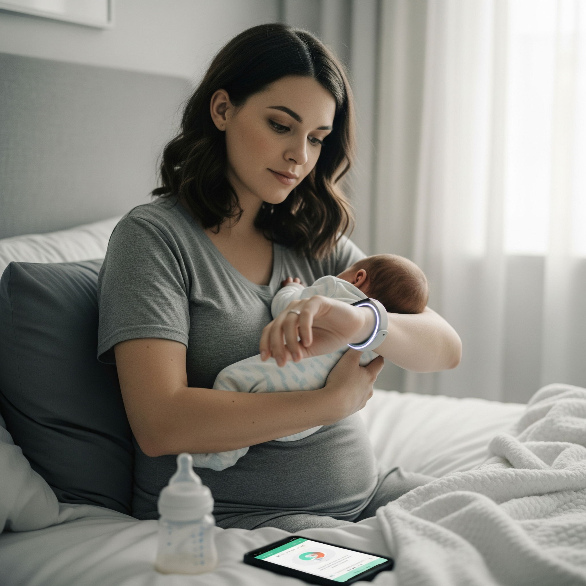 A new mother sits on the edge of a bed at dawn, soft light coming through the window. She looks at a glowing wearable ring or wristband on her hand, baby in the crook of one arm. Her face shows
